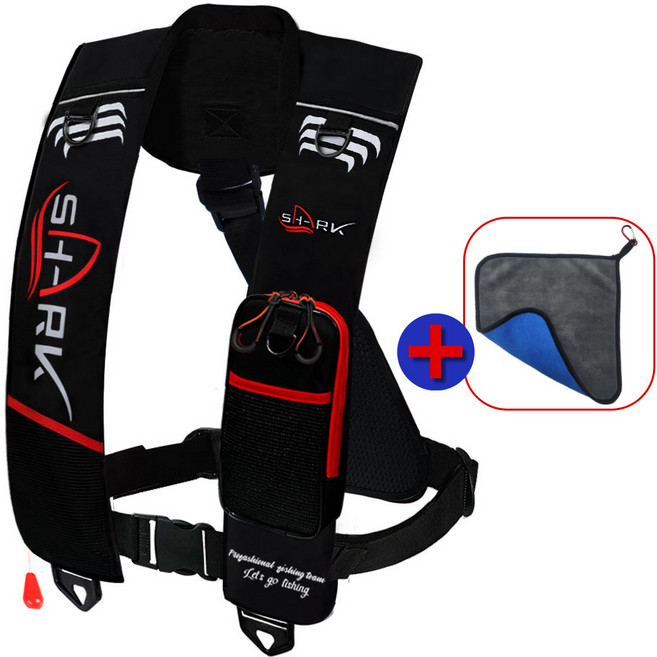 샤크 1포켓 자동팽창식 구명조끼 KC인증 FREE 사이즈 국내생산 수분감지 바다낚시, 블랙
