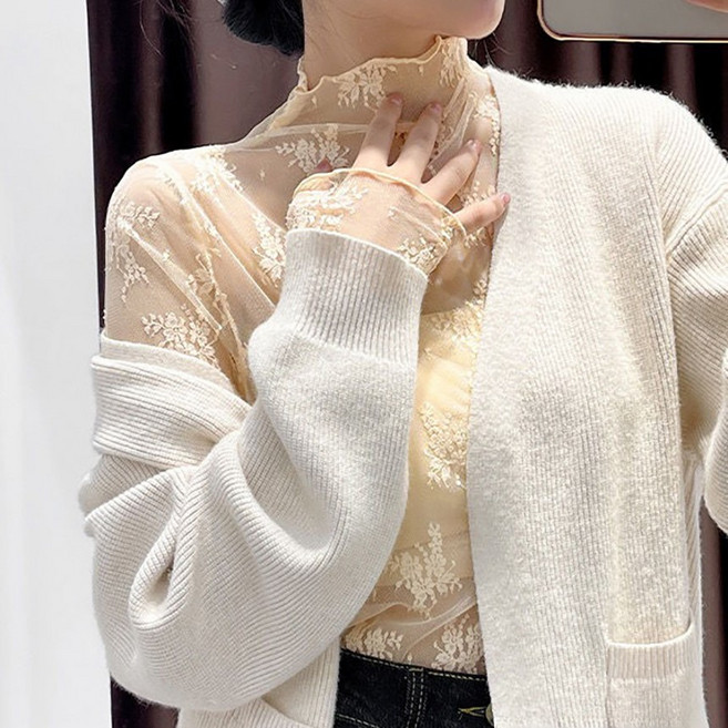 여성 시스루 레이스 반폴라 이너티 긴팔 긴소매 레이어드 티셔츠 시스루레이스이너티