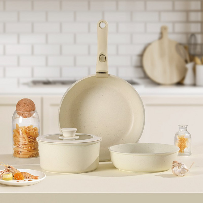 ZOZOFO KC인증 정밀검사 식용 코팅 처리된 가성비 냄비 편수냄비 프라이팬 손잡이 탈부착식세트 (인덕션 사용 가능), 1개, 프라이팬26cm+냄비18cm+2종 유리뚜껑+손잡이, 크림