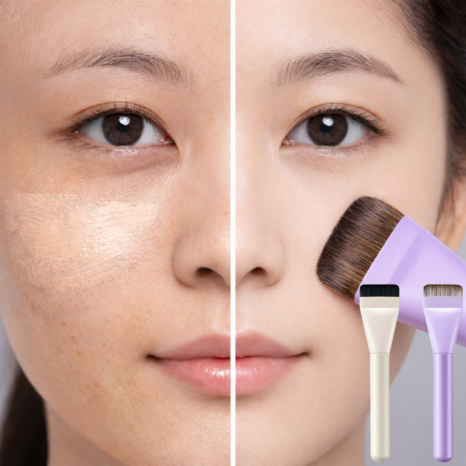 1+1 사각마켓 뭉침없는 극세모 납작한 파운데이션 브러쉬, 1개, 퍼플+아이보리