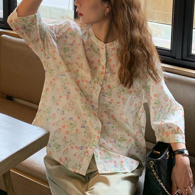 에쥬아 루즈핏 꽃무늬 블라우스 빅사이즈 라운드넥 셔츠블라우스