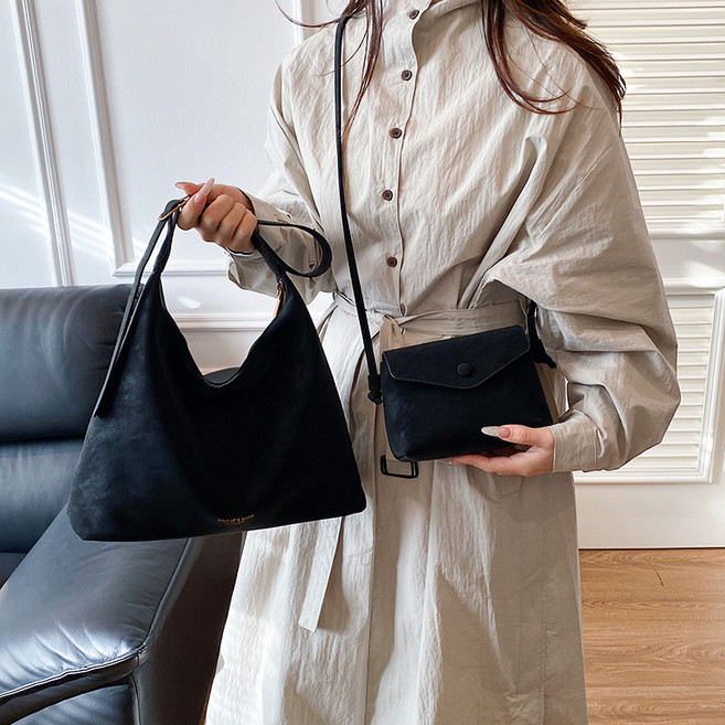 2026新款時尚單肩托特包，大容量復古通勤斜挎女包, 黑色【兩件套】5845