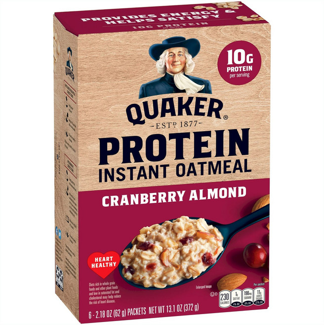 QUAKER 桂格 高蛋白即食燕麥片 蔓越莓杏仁 6入, 1個, 372g