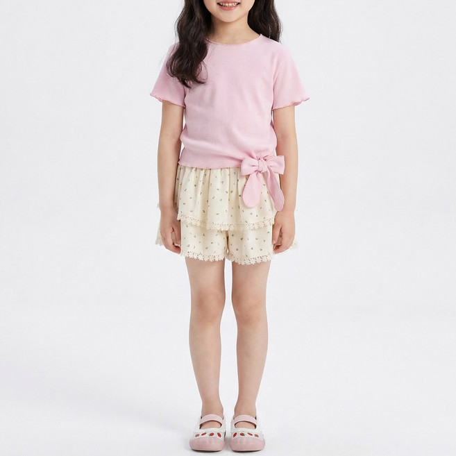엘바리스 여아 리본 골지 반팔 티셔츠 + 프릴 반바지 상하세트