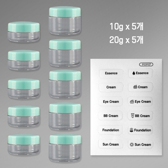 포포라운지 크림공병 화장품 소분 용기 파스텔 투명 샘플통 + 스티커, 1개, (민트)10g 5개+20g 5개