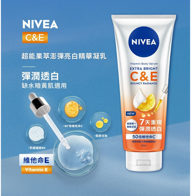 妮維雅 美白果萃乳液 煥膚透亮 彈潤透亮, 1個, 超能果萃澎彈亮白精華乳300ml_橘2支,＋亮白彈潤乳液 125ml x2, 300ml
