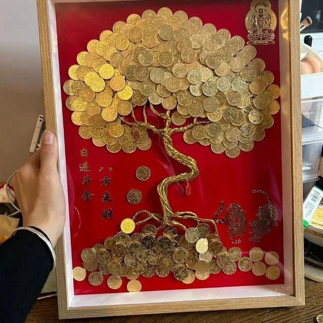 八方來財 發財樹 金錢樹 手工金幣裝飾擺件 開業喬遷禮物, 原木相框