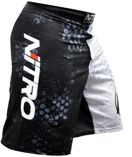 Nitro Fight Wear MMA 반바지 - 성인용 No Gi BJJ 그래플링 보드 반바지 - 파이트 트렁크 블랙/화이트 스플릿