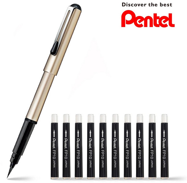 펜텔 포켓 브러쉬펜 (XGFKP) 붓펜 + 카트리지 2개+카트리지 4개입 X 2개, 골드 (잉크블랙)