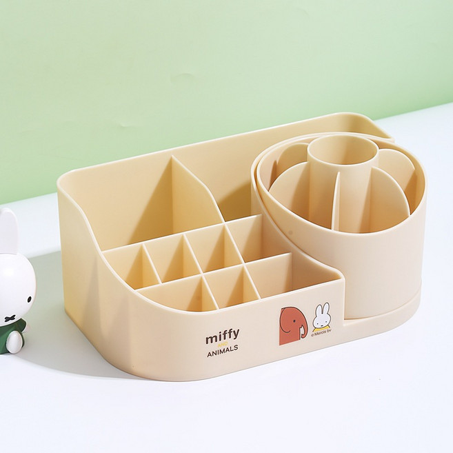 miffy 米飛 旋轉化妝品收納盒 桌面置物架 筆筒, 米色-米飛桌面旋轉收納格, 1個