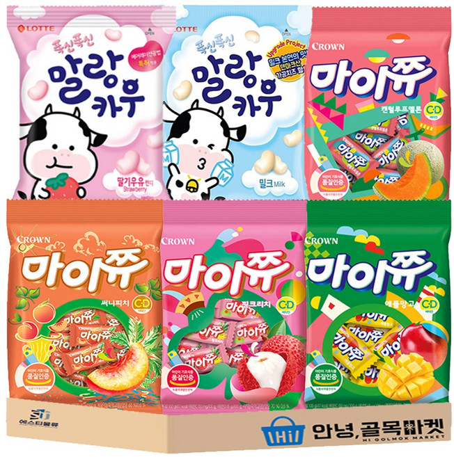 젤리 6종 세트 ( 마이쮸 핑크리치 + 애플망고 + 써니피치 + 켄털루프멜론 + 말랑카우 밀크 + 딸기우유 ) 개별 포장, 1세트, 100g
