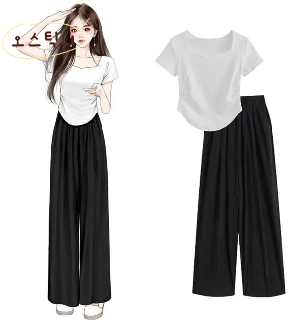 오스틱니 여성 여름 세트 티셔츠+바지 쿨링 통기성 라운드넥 데일리룩