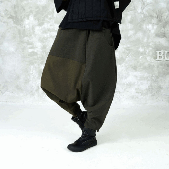 벅시루 카키 매니아 조각 면스판 봄가을 허리밴딩 여성 체형커버 하렘팬츠