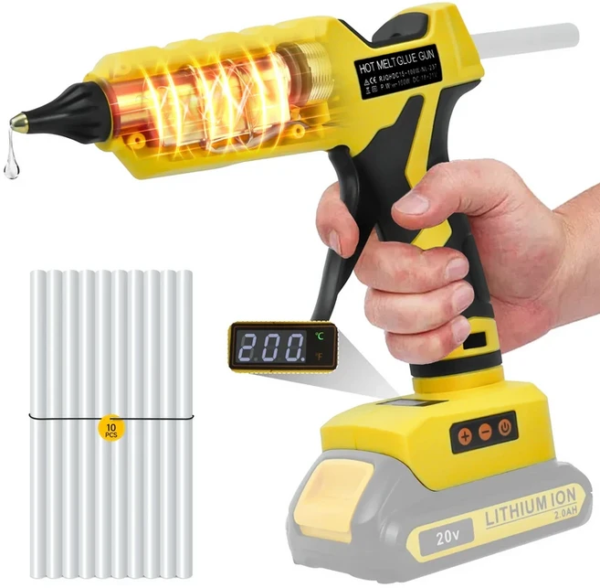 Dewalt 20V 배터리용 무선 핫 글루건 온도 조절 LCD 디지털 디스플레이 10PCs 11mm °C-200, 01 Battery not included