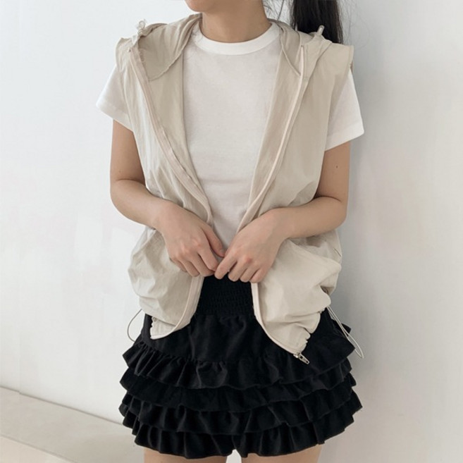 와샤 후드베스트)후드조끼 집업 시보리밴딩 나일론원단 후드민소매 민소매후드조끼 루즈핏 스트링끈조절 베이지색 검정색