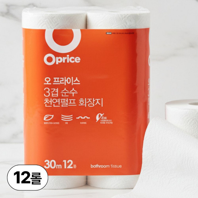 오프라이스 3겹 천연펄프 화장지, 30m, 12롤, 1개