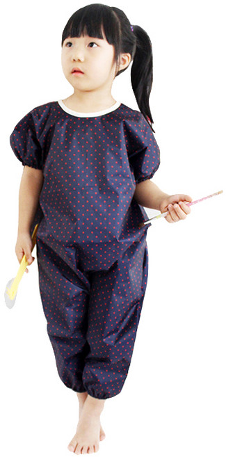 (반팔)네이비 레드도트 유아동 전신 미술가운 모래놀이, 팔토시포함