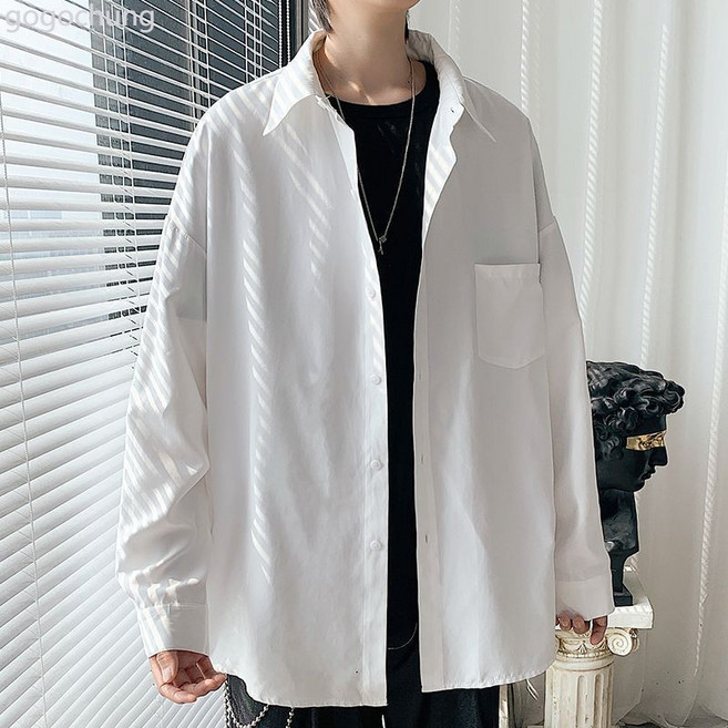 韓版潮流長袖襯衫男，秋季新款寬鬆純色薄款外套