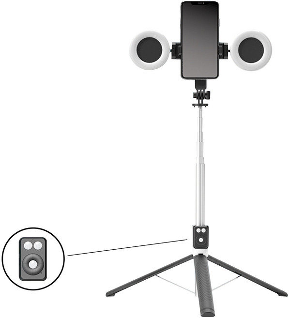 휴대폰 셀카봉170cm 롱레인지 무선 블루투스 LED 조명 올인원 삼각대 셀카봉, 블랙, 1개