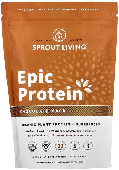 Sprout Living 스프라우트 리빙 에픽 플랜트 프로틴 수퍼푸드 초콜릿 마카 456g 파우더 건강관리 영양제, 1개 - 쿠팡