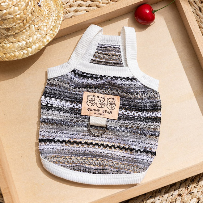 차르미콜 강아지 여름옷 메쉬 조끼 통기성 강아지 옷 소형견 애견 여름 의류 리드링 산책 가능, 1개, 그레이 스트라이프