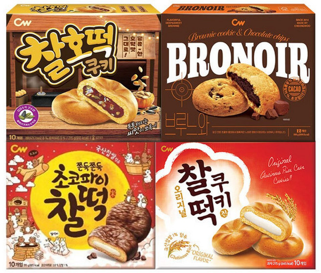 청우 찰떡쿠키 오리지널 215g+초코파이찰떡 215g+브루느와 브라우니 165g+찰호떡쿠키 215g(총4개), 4개, 165g