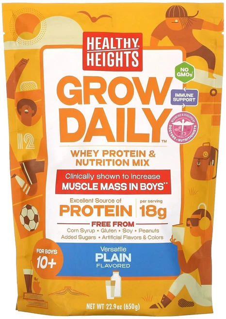 Healthy Heights Grow Daily Whey Protein & Nutrition Mix For Boys 10+ Plain 22.9 oz 650 g, Healthy Heights, Grow Daily, W, 650g, 1개 - 쿠팡