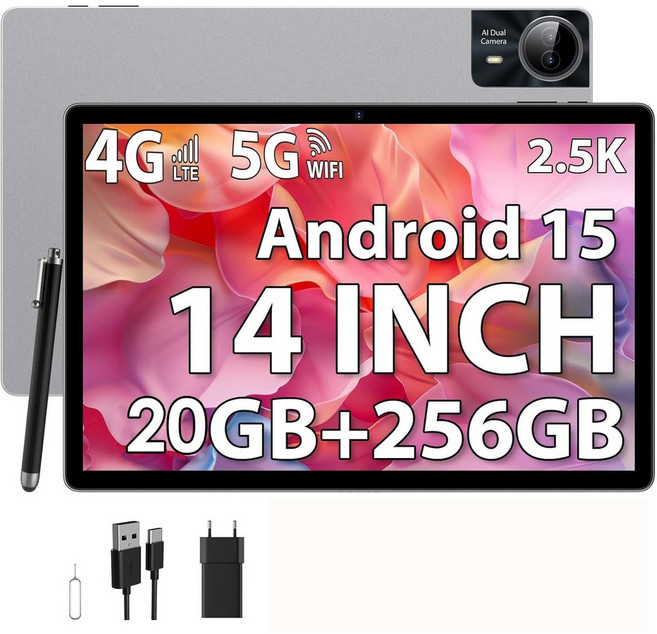 2026 고화질 슈퍼 4G 화면 패드 20GB BT GPS 전화 512GB WIFI 플레이 14인치 태블릿 5G 통화 PC 안드로이드15 대형, Standard, 256GB Silver