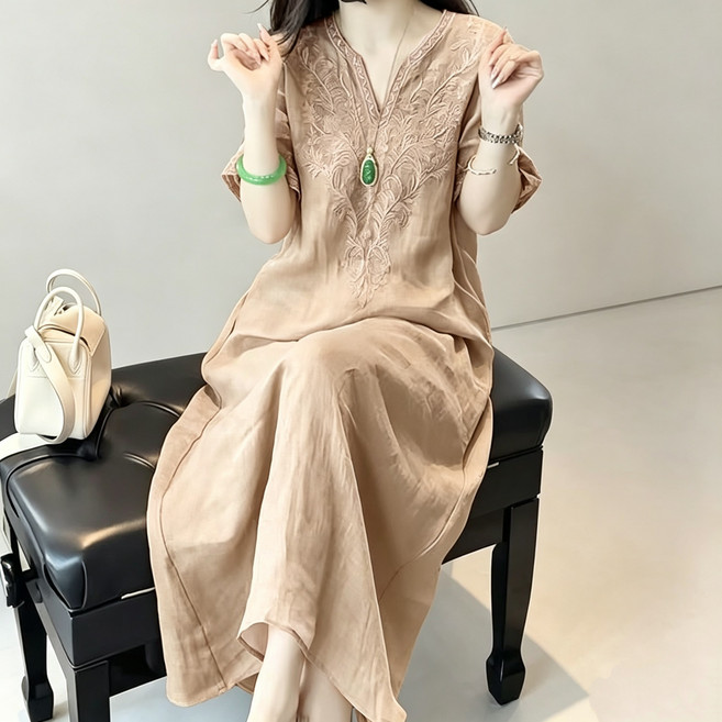 新中式 雙層面料重工刺繡 V領 連衣裙 夏季寬鬆顯瘦顯氣質