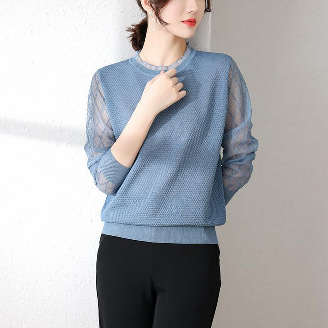 고급 중년 여성 얇은 니트 티셔츠 봄 여름 박사이즈 엄마옷 긴팔 티셔츠 캐주얼 쉬폰 소매 여자 니트 상의 CJJ