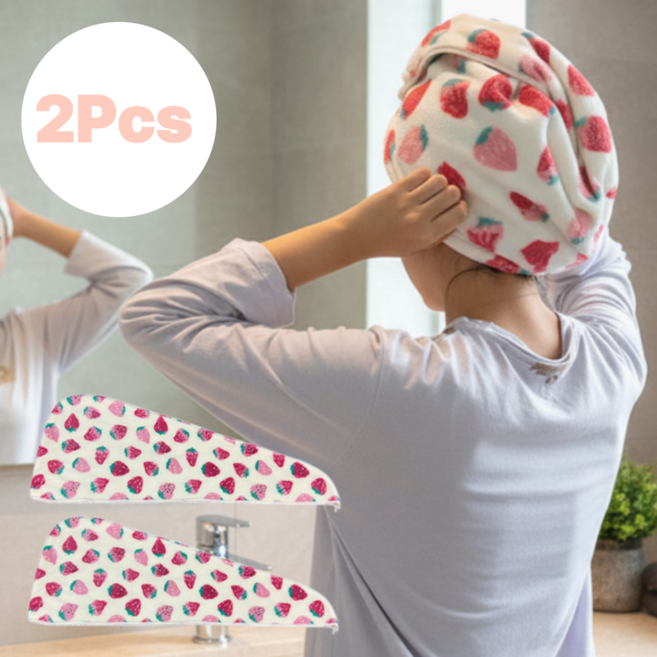 여성 머리수건 헤어타올 극세사 흡수력 좋은 딸기 패턴 드라이헤어캡 2P세트, 2개, 딸기패턴