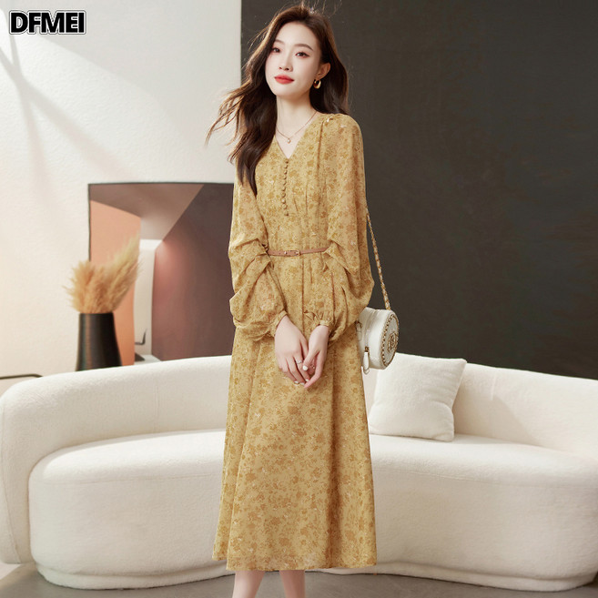 DFMEI 碎花連衣裙長袖V領