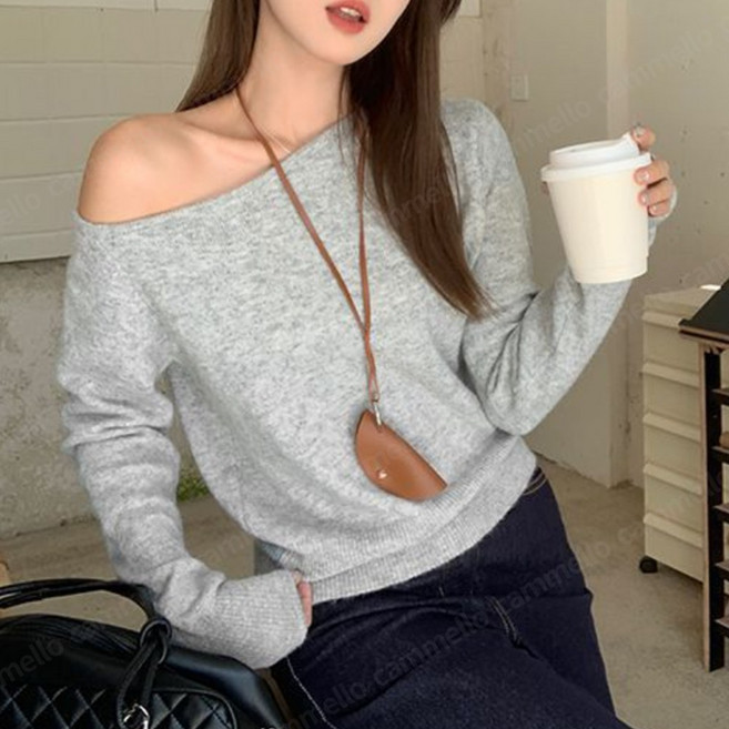 cammello 여리핏 언발란스 오프숄더 루즈핏 긴팔 니트 티셔츠 봄가을 데이트룩