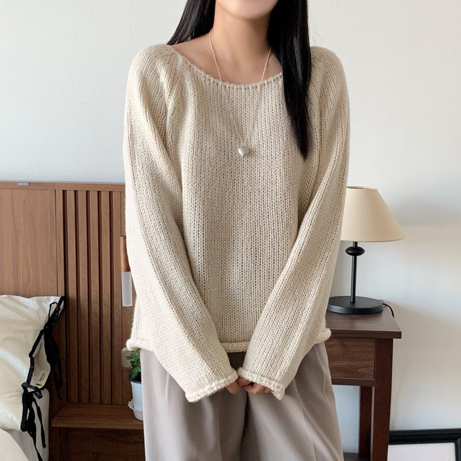 더한땀 여성 루즈핏 와이드넥 나그랑 니트