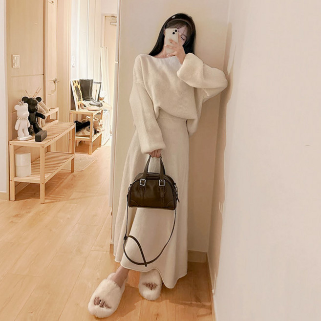 라라홀리 청순 니트 투피스 라운드 골지 니트 플레어 롱 스커트