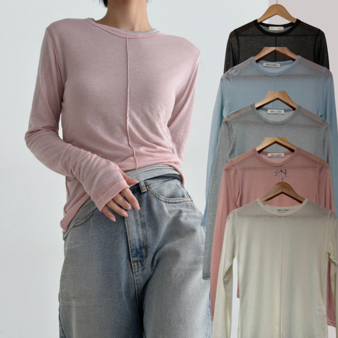 LIONHU [국내제작] 핀턱라인 핑거홀 시스루 얇은긴팔티 레이어드용 데일리 베이직 라운드티