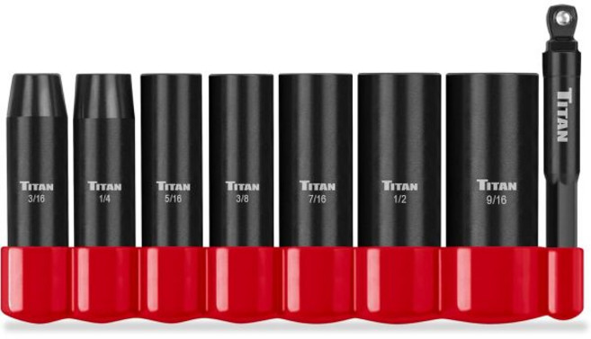 타이탄 48301 9피스 3/8인치 드라이브 SAE 딥 임팩트 소켓 세트 6포인트 사이즈 5/16~3/4인치, 1/4-Inch Drive, 8-Piece SAE Deep