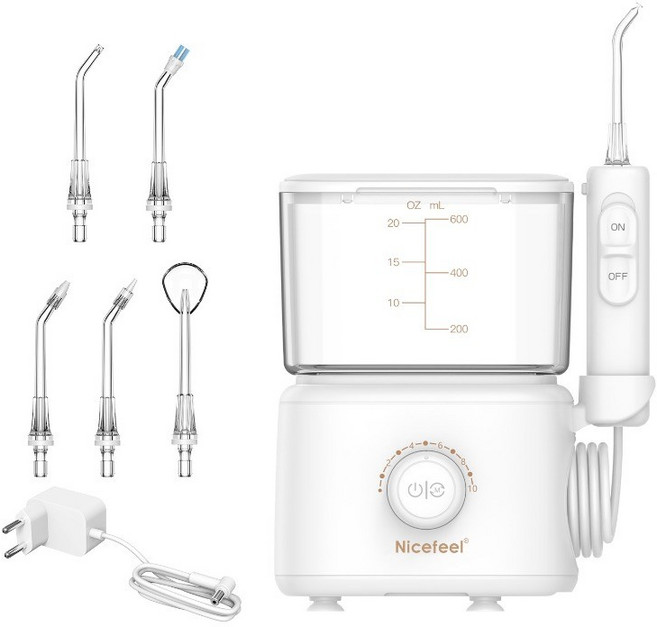 600ml 가정용 무선 구강세정기 10개의 압력 및 7개의 팁 가정용 대형 물탱크 물실 구강세정기 펄스식 치실기 대용량 탱크 치실기 1개, White- FC180