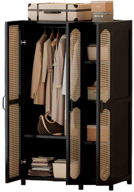 塑藤三門衣櫃 儲物收納櫃, 椭圆塑藤三门衣柜-黑色【家庭推薦】