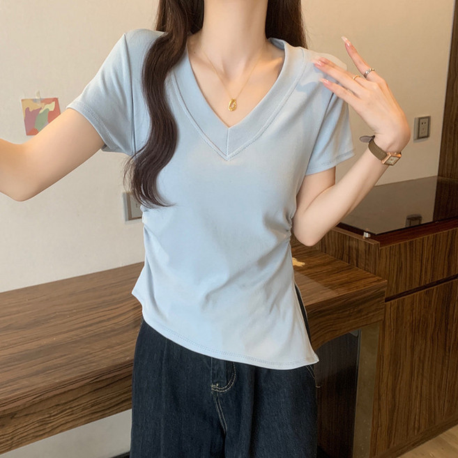 夏裝新款胖mm大碼女韓版修身v領不規則掐腰短袖T恤