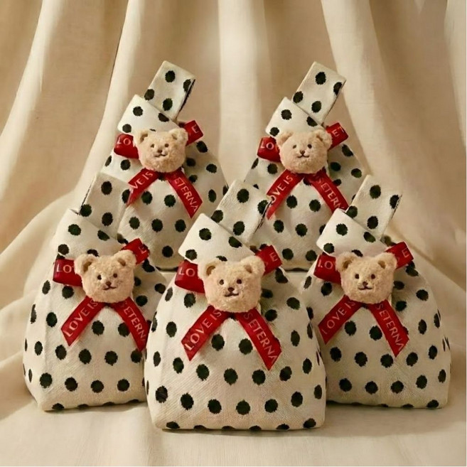 선물 생일 포장 답례품 니트 구디백 리본 브로치 포함, 5개, 클래식 크림