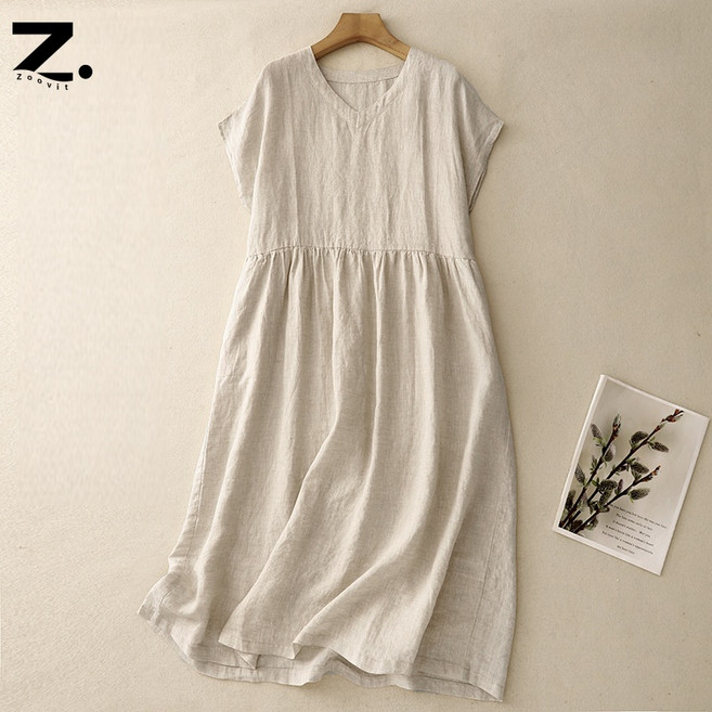 zoovit 여름 여성 중년 면마 브이넥 반팔 루즈핏 무지 면마 롱 원피스