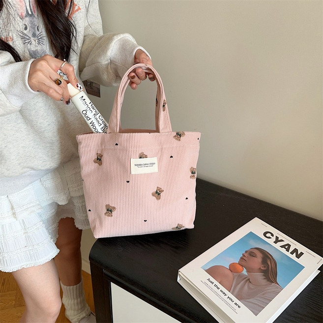 redcorner 코듀로이 손가방 골덴 골지 가방 토트백 에코백 베어 핸드백 피크닉 도시락 휴대폰 가벼운 여성 외출용 가방 소형