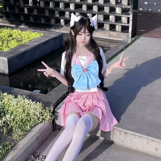 JK制服 水手服套裝 美少女戰士學院風短裙, 1個, 粉色水手服上衣+領結+粉色百褶裙 三件套4XL