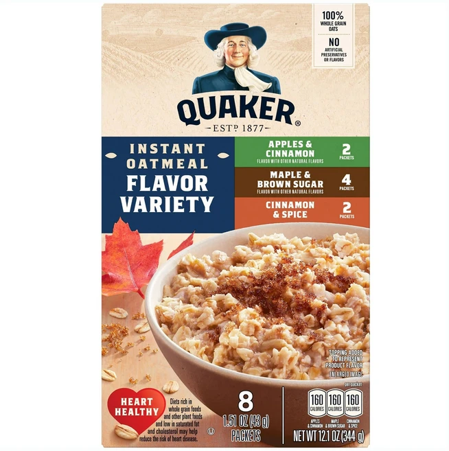 퀘이커 인스턴트 오트밀 플레이버 버라이어티 애플 시나몬 2개입 + 메이플 브라운 슈가 4개입 + 시나몬 스파이스 2개입, 1개, 344g - 쿠팡