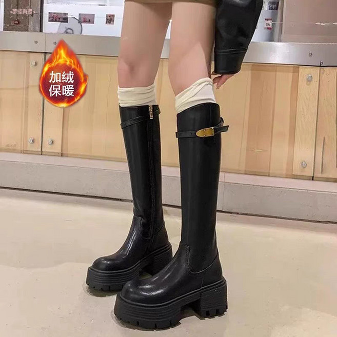 騎士長靴女厚底金屬扣圓頭百搭長筒靴
