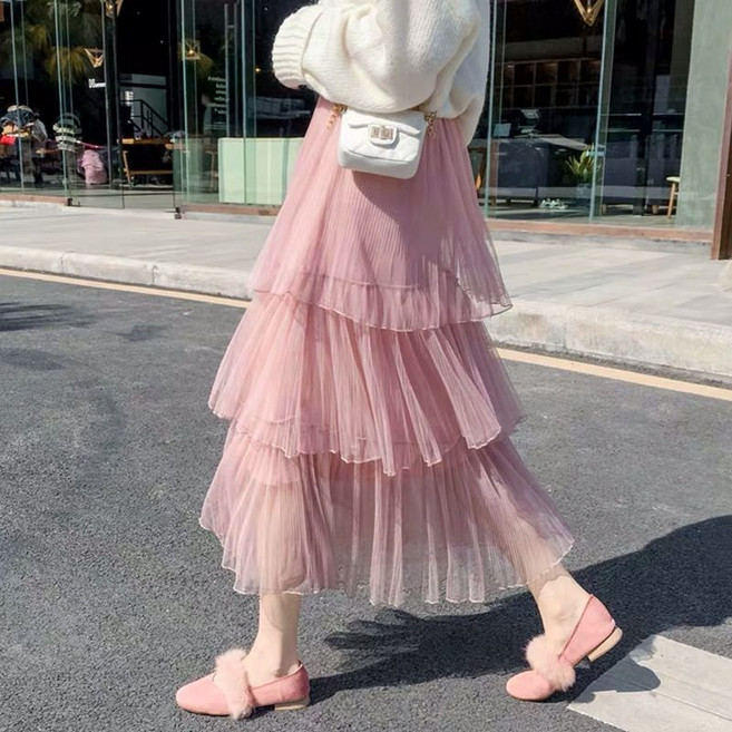 蛋糕裙百褶裙女仙女網紗裙長裙子