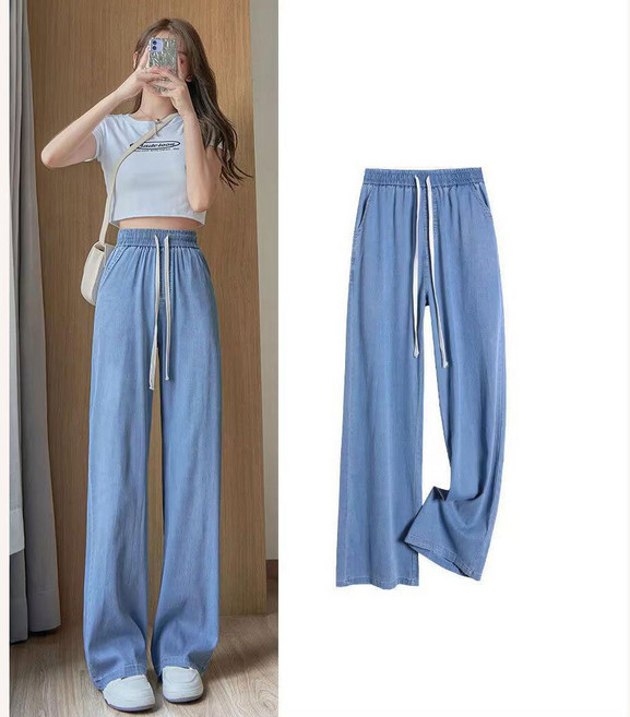 haitua 허리밴딩 텐셀 소프트 청바지 얇은 봄가을 와이드 일자 와이드 팬츠 여름 텐셀 데님 캐주얼 바지
