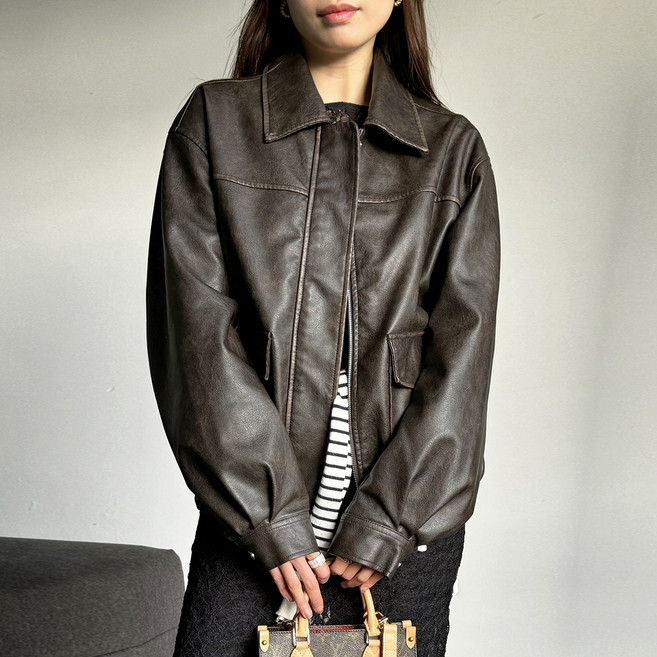 투웨이 워싱 오버핏 가죽자켓 봄 블루종 박시 트러커 레더자켓