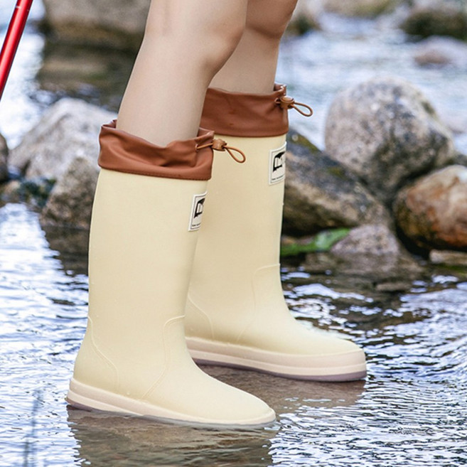 TIMEPURE 커플용 장화 두꺼운 밑창 하이탑 패션 레인부츠 캠핑용 방수 미끄럼방지 아웃도어 워킹 조임끈 디자인 여울 낚시 워터슈즈